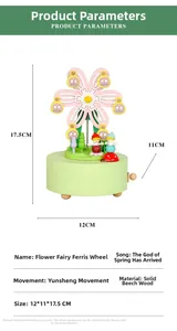 Detailed specs of Flower Fairy Ferris Wheel wooden music box with dimensions and material