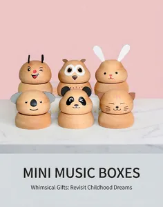 Set of six mini wooden music boxes with cute animal shapes like panda and koala