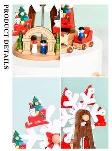 Vues détaillées d'une boîte à musique grande roue en bois avec figurines de Noël