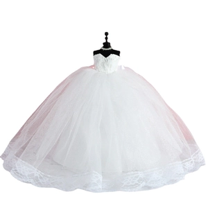 Miniature white wedding dress doll outfit with lace corset and layered tulle skirt