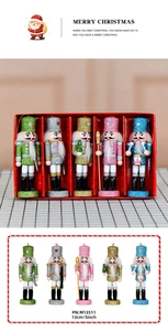Set van vijf kleurrijke houten notenkrakers van 13cm met glitters en rekwisieten