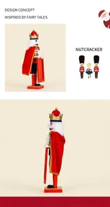 Detail view of 38cm wooden nutcracker king with red velvet cloak and golden crown