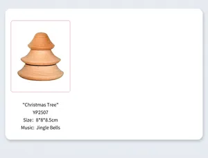 Close-up of wooden Christmas tree music box with Jingle Bells tune, size 8x8x8.5cm