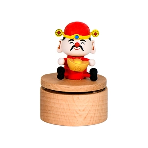 Mini carillon in legno con simpatica statuina di Caishen su base in pregiato legno di faggio
