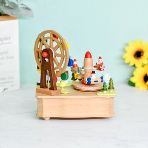 Handcrafted wooden hexagonal Ferris wheel music box with rotating rocket and airplane decor