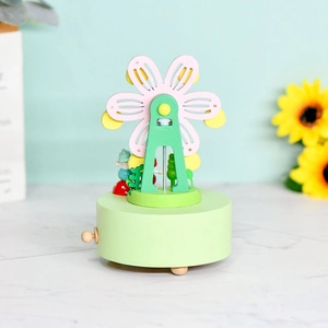 Creative wooden Ferris wheel music box with floral design and miniature painted figures