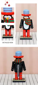 Detailed views of 16cm wooden penguin nutcracker with red hat and striped scarf
