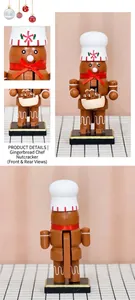 Detailed views of a 16cm wooden gingerbread nutcracker with a white chef hat and red bow