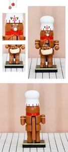 Detailed views of a 16cm wooden gingerbread nutcracker with a white chef hat and red bow