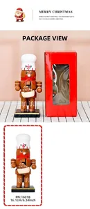 Close-up of 16cm wooden gingerbread chef nutcracker with height dimensions and packaging