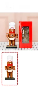 Close-up of 16cm wooden gingerbread chef nutcracker with height dimensions and packaging