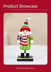 Festive snowman nutcracker ornament with striped hat holding a blue gift box on stand