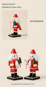 Side view of a wooden Santa Claus nutcracker figurine holding a mini green Christmas tree