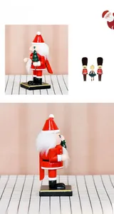 Side view of a wooden Santa Claus nutcracker figurine holding a mini green Christmas tree