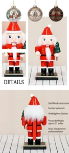 Detailed views of a 16cm wooden Santa Claus nutcracker with mini Christmas tree and fur beard