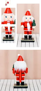 Detailed views of a 16cm wooden Santa Claus nutcracker with mini Christmas tree and fur beard