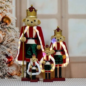 Christmas Teddy Bear Nutcracker Ornament LED Light Music Plastic Plush Cloak King Soldier Desktop Festival Decor