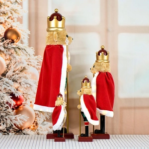 Set of four bear head nutcracker figurines with red velvet capes and LED lights for Christmas