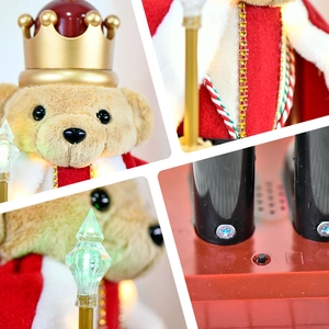 Royal teddy bear nutcracker with crown and glowing scepter in red and white robe