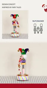 Detail view of colorful Nutcracker clown music box with striped base and golden bells