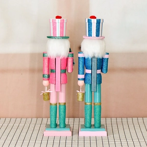 38cm glittery Christmas nutcracker soldier set with pink and blue wooden ornaments
