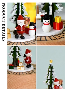 Detail view of wooden Christmas music box featuring hand-painted Santa and snowman