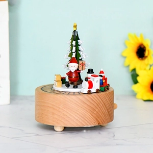 Christmas Wooden Music Box Rotating Train Santa Claus Tree Decoration Vintage Mechanical Beech Wood Musical Gift Home Decor