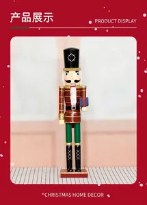 Detailed close-up of a 60cm Christmas wooden nutcracker soldier holding a blue gift box