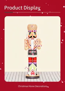 Detailed Christmas nutcracker wooden puppet holding gingerbread man on festive base