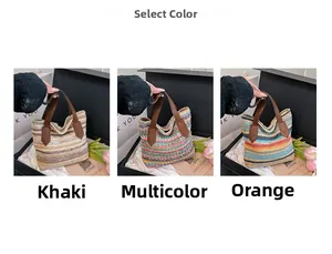 Detailed comparison of rainbow striped woven tote bags in khaki, colorful, and orange tones