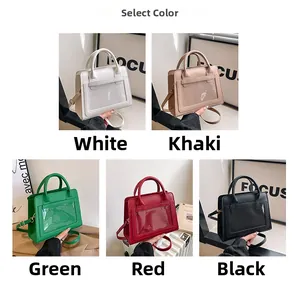 Close-up of minimalist transparent window bags in white, khaki, green, red, and black