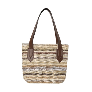 Large striped straw beach bag with brown leather handles for women summer vacation