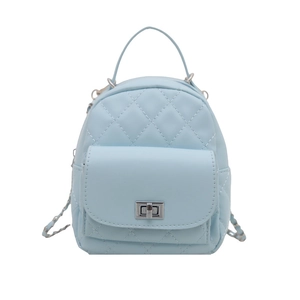 Light blue quilted mini backpack with silver chain strap and metal turn-lock closure