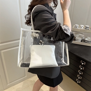 Transparent large capacity PVC tote bag with white cotton rope handles and inner pouch