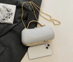 Detail of silver sequin evening bag with gold metal handle and fine chain strap