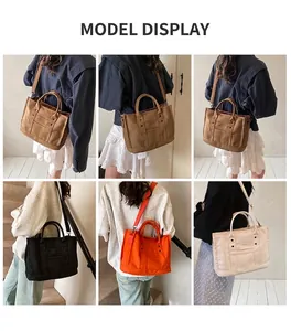 Detail showing various canvas tote bag colors with adjustable straps and metal rivet accents