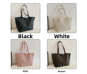 Detailed grid view of plaid tote bags in black, white, pink and brown leather straps