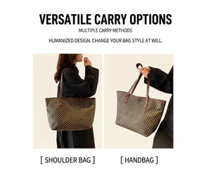 Brown checkered tote bag showing both shoulder and hand-carry styles in detail