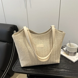 Women's Simple Woven Straw Tote Bag Large Capacity Shoulder Bag With PU Leather Handle Fashion Letter Patch Handbag
