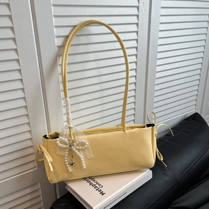 Korean Style Sweet Underarm Bag With Pearl Bowknot Lace Pendant PU Leather Small Pillow Bag Retro Minimalist Shoulder Bag