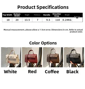Size chart showing PU leather crossbody bag dimensions 20x13.5x7cm and material details
