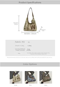 Detailed size specifications and color variants for the large PU leather tote bag with rivets