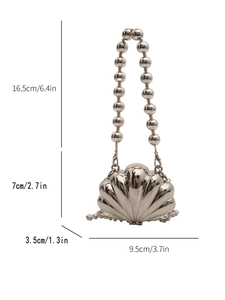 Mini silver shell-shaped shoulder bag with metallic luster and beaded chain strap