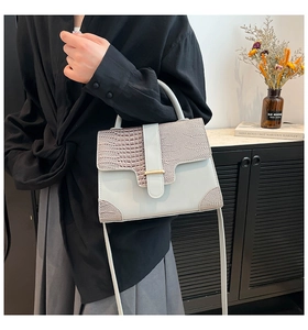 Detail of light gray crossbody bag with crocodile pattern flap and metallic clasp buckle