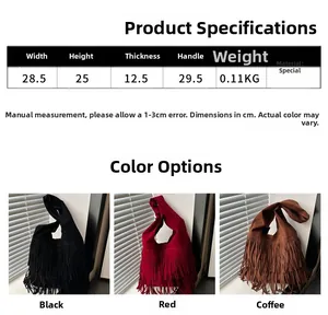 Size chart for suede tassel shoulder bag with dimensions and detailed specifications