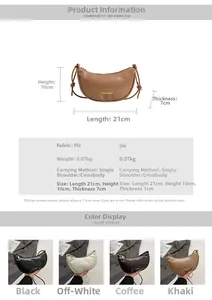 Tableau des tailles et spécifications détaillées pour le sac demi-lune minimaliste en PU