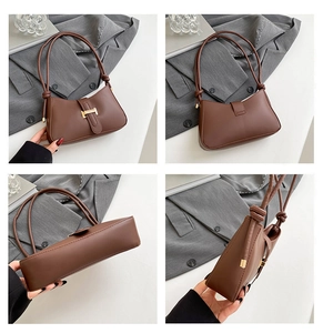 Vue détaillée sous quatre angles d'un sac sous le bras en cuir marron à boucle dorée