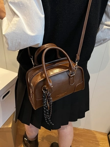 Retro Women Contrast Color Boston Handbag PU Leather Splicing Shoulder Crossbody Bag With Tennis Racket Charm Daily Commute