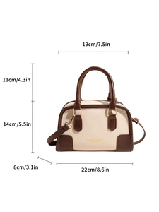 Retro contrast color bowling handbag in cream white and brown PU leather with dimensions