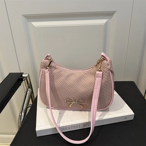 Women Fashion Textured PU Leather Underarm Bag Golden Metal Bowknot Hobo Shoulder Bag Minimalist Half Moon Purse